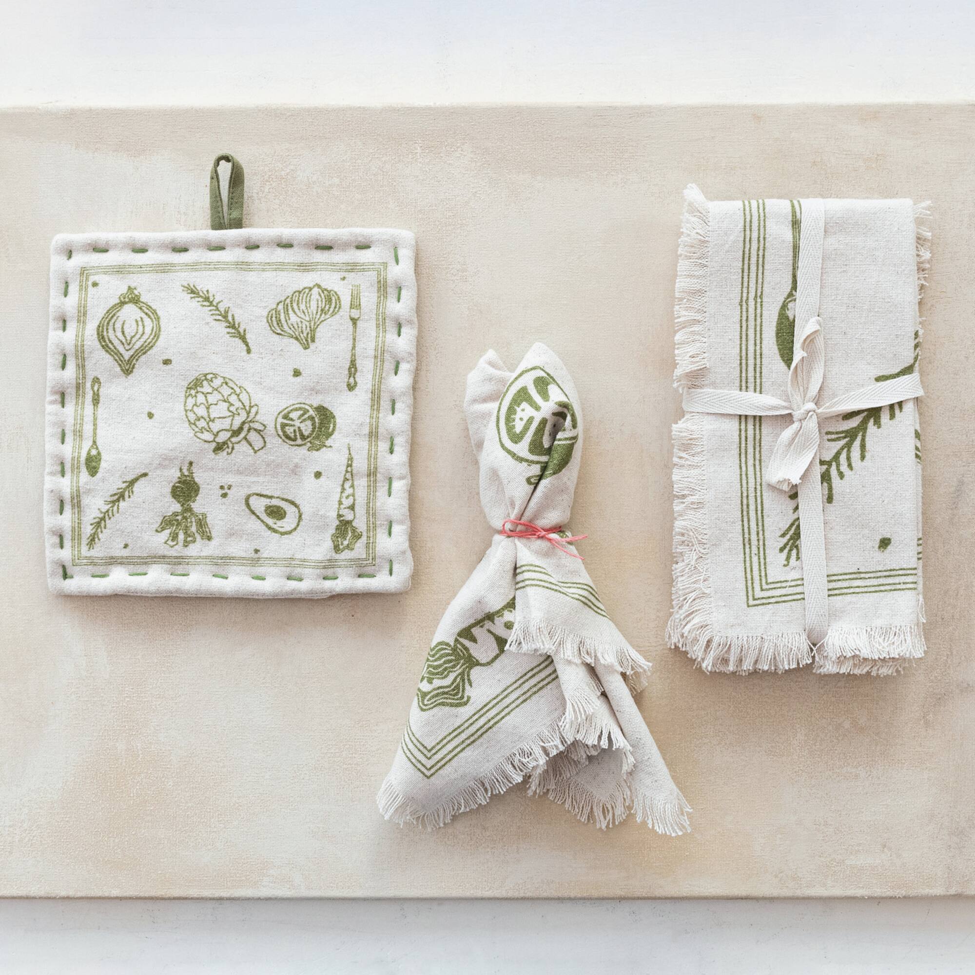 Hello Honey® Green Vegetable Cotton & Linen Napkins with Fringe, 4ct.